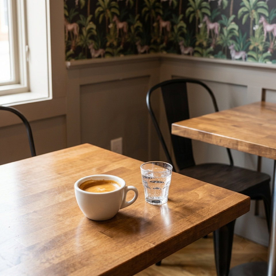 A white cup of coffee and a glass of water on a wooden table in a cafe.