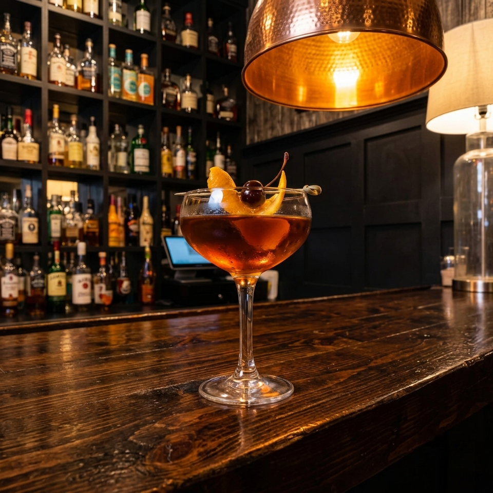 A cocktail with an orange peel and cherry garnish sits on a wooden bar with liquor bottles in the background.