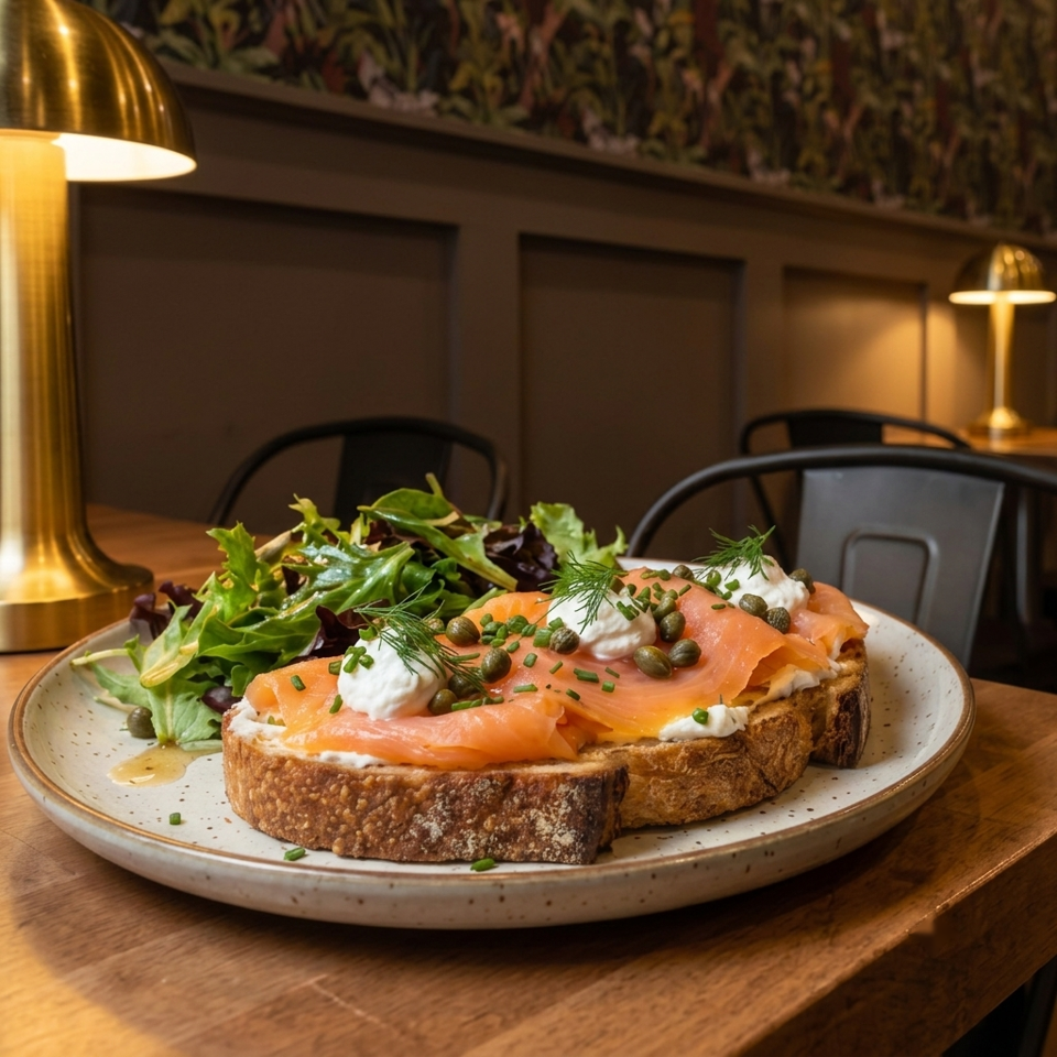 Smoked salmon toast with cream cheese, capers, dill, chives, and a side salad on a wooden table.