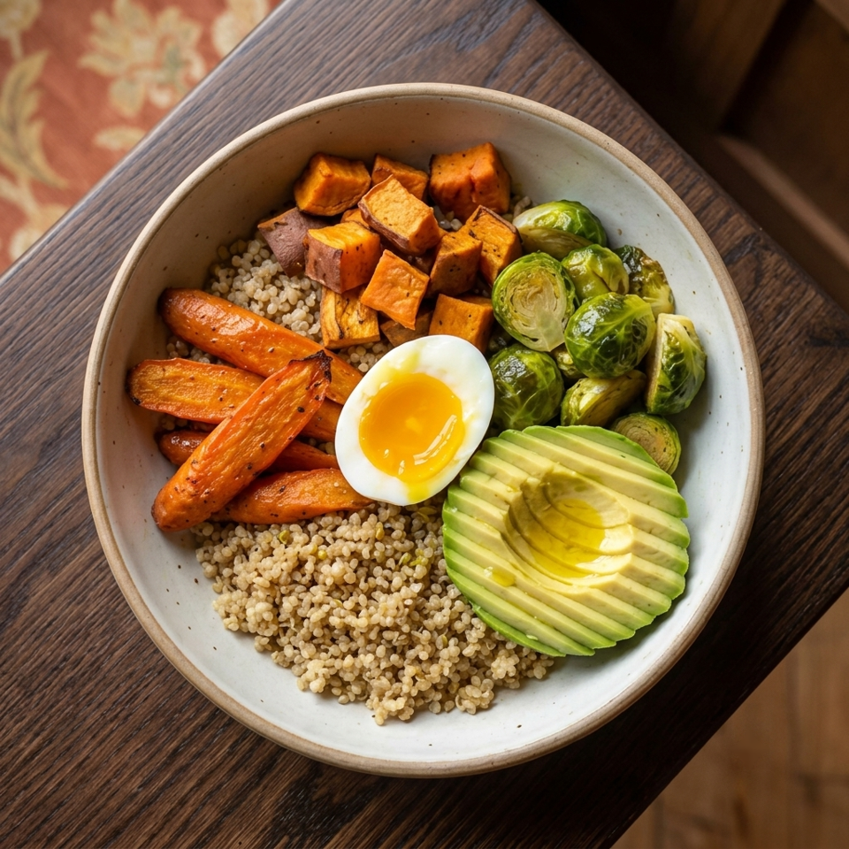 A colorful grain bowl with quinoa, roasted carrots, sweet potatoes, Brussels sprouts, avocado, and a soft-boiled egg.