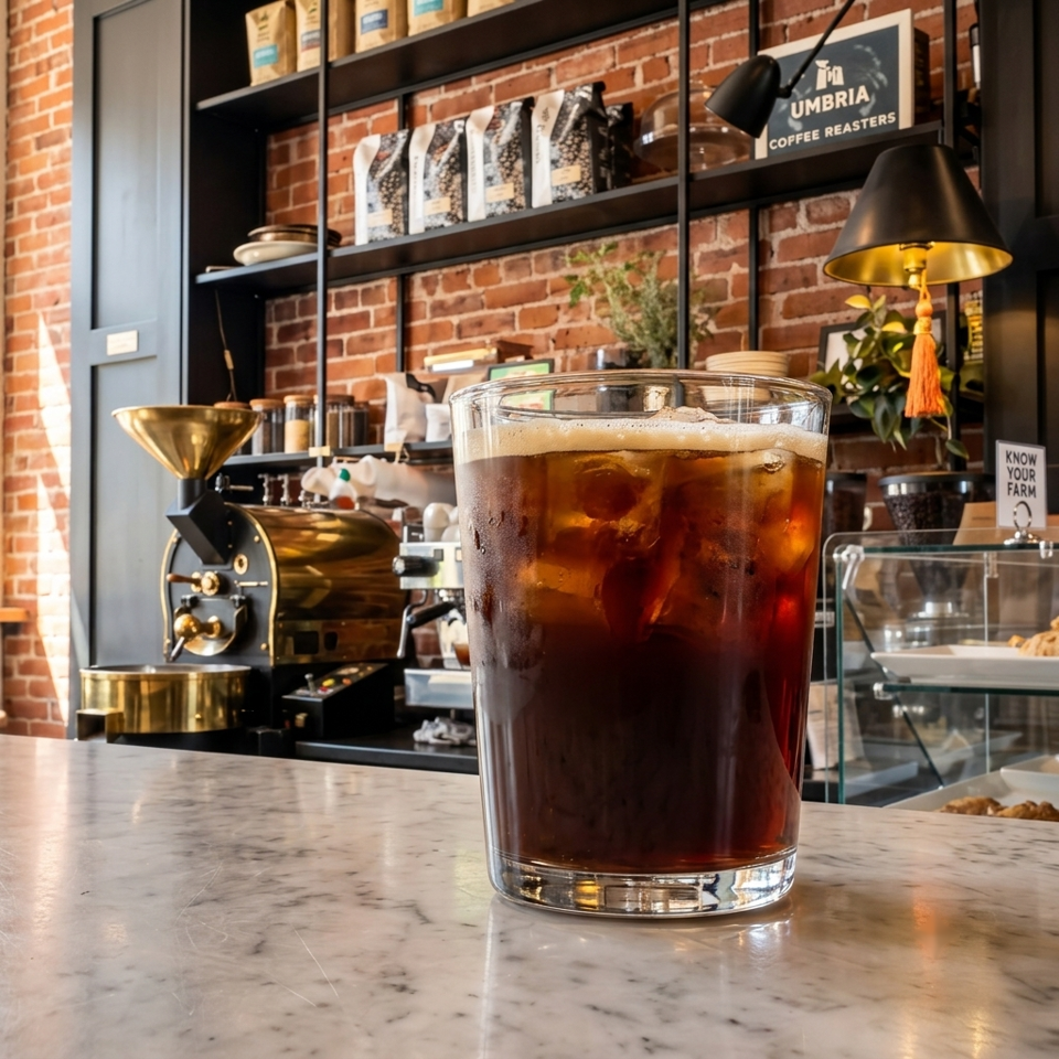 Iced coffee on a marble counter with a coffee roaster and brick wall in the background.