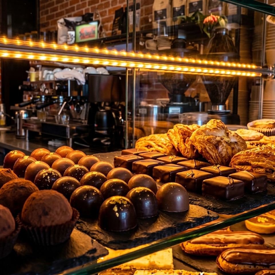A brightly lit display case filled with various chocolates, pastries, and desserts at a bakery.